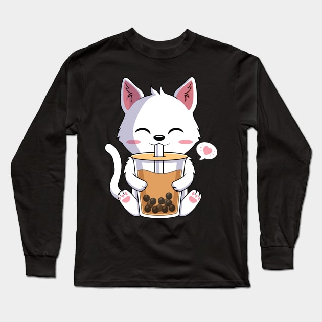 Kawaii Cat Drinking Boba Tea Japanese Anime Long Sleeve T-Shirt by HCMGift